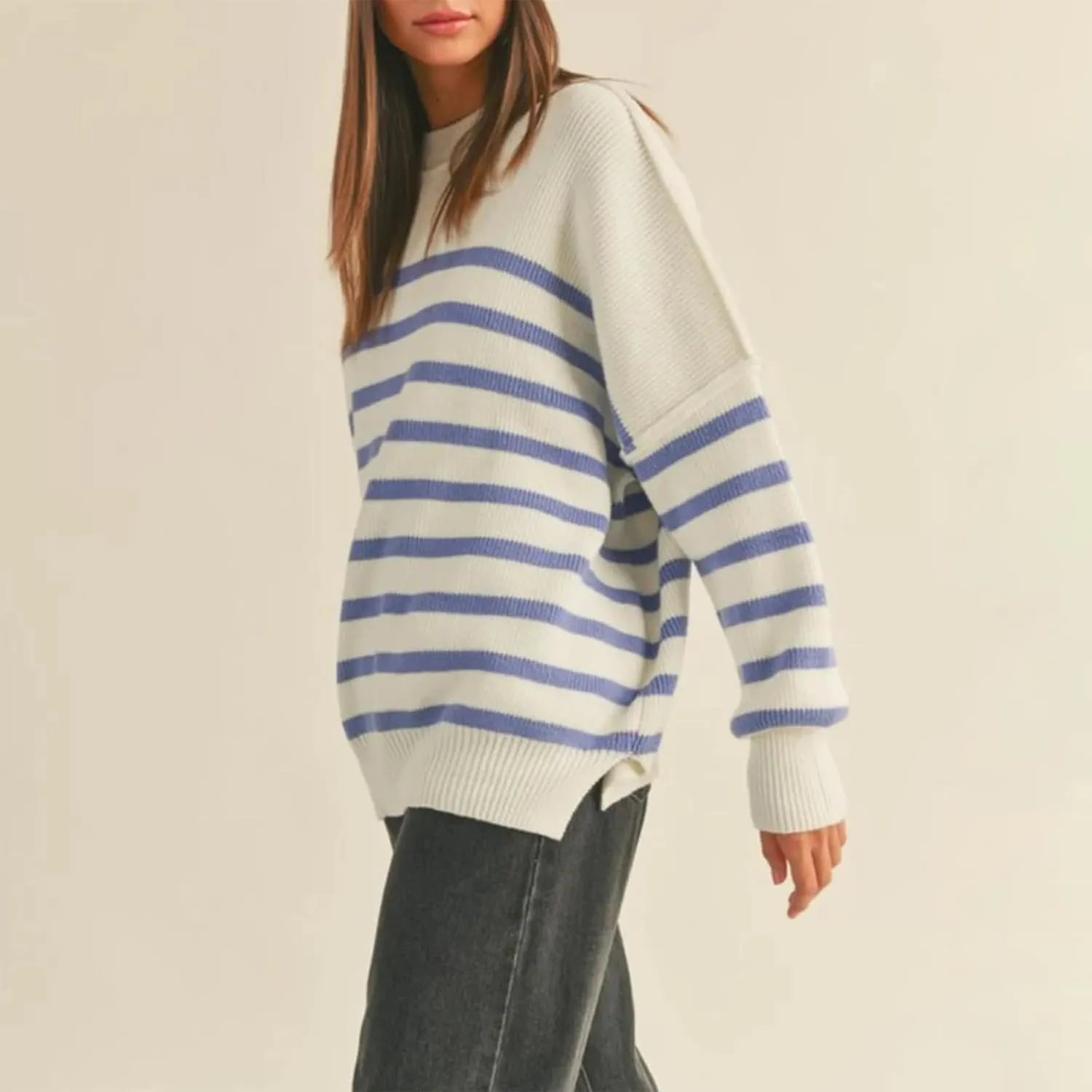 FOMOYUU Oversized Striped Sweater Women Color Block Round Neck Long Sleeve Sweatshirt Loose Pullover Y2K Preppy Jumper