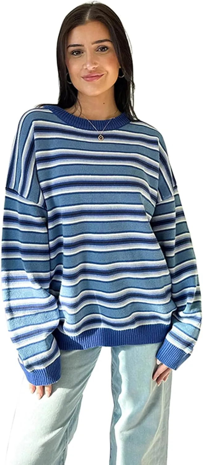 FOMOYUU Oversized Striped Sweater Women Color Block Round Neck Long Sleeve Sweatshirt Loose Pullover Y2K Preppy Jumper