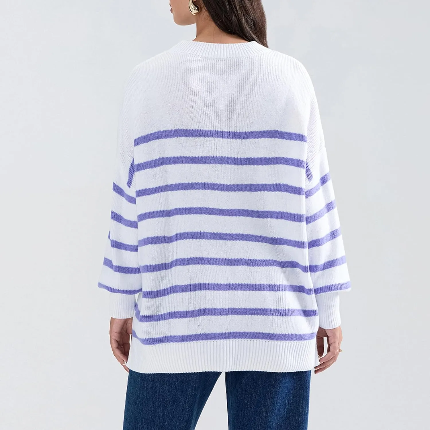 FOMOYUU Oversized Striped Sweater Women Color Block Round Neck Long Sleeve Sweatshirt Loose Pullover Y2K Preppy Jumper