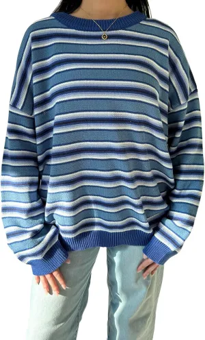 FOMOYUU Oversized Striped Sweater Women Color Block Round Neck Long Sleeve Sweatshirt Loose Pullover Y2K Preppy Jumper