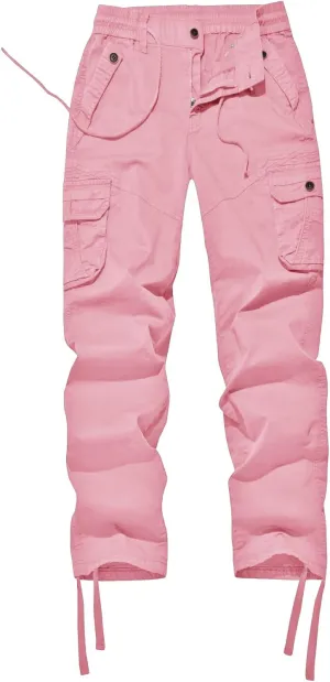 FOURSTEEDS Women's Mid Rise Drawstring Elastic Waist Multi-Pocket Outdoor Sport Cotton Camping Hiking Cargo Pants