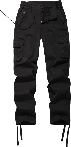 FOURSTEEDS Women's Mid Rise Drawstring Elastic Waist Multi-Pocket Outdoor Sport Cotton Camping Hiking Cargo Pants