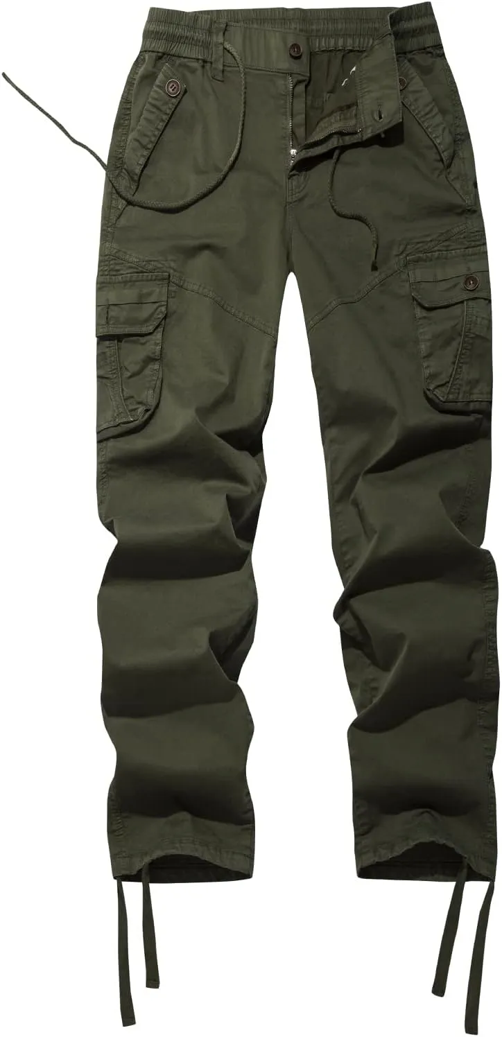 FOURSTEEDS Women's Mid Rise Drawstring Elastic Waist Multi-Pocket Outdoor Sport Cotton Camping Hiking Cargo Pants
