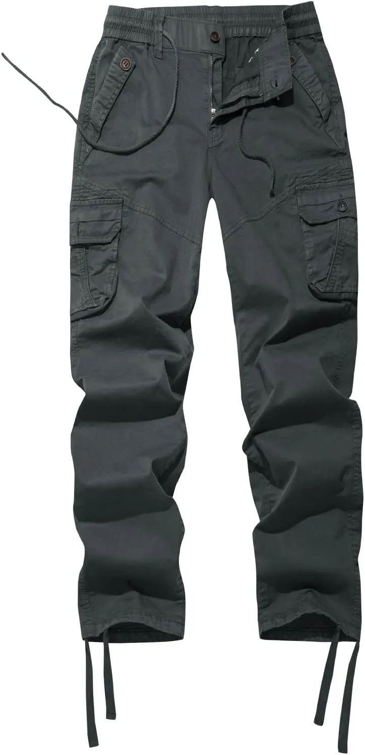 FOURSTEEDS Women's Mid Rise Drawstring Elastic Waist Multi-Pocket Outdoor Sport Cotton Camping Hiking Cargo Pants