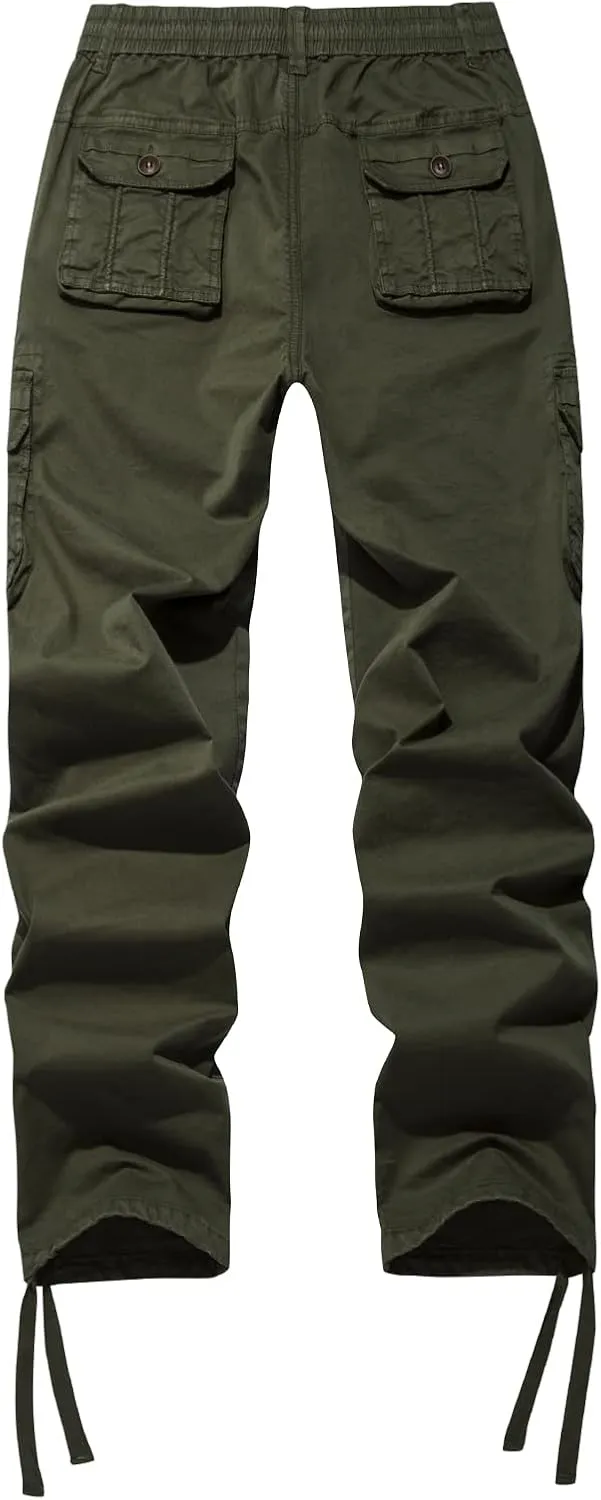 FOURSTEEDS Women's Mid Rise Drawstring Elastic Waist Multi-Pocket Outdoor Sport Cotton Camping Hiking Cargo Pants