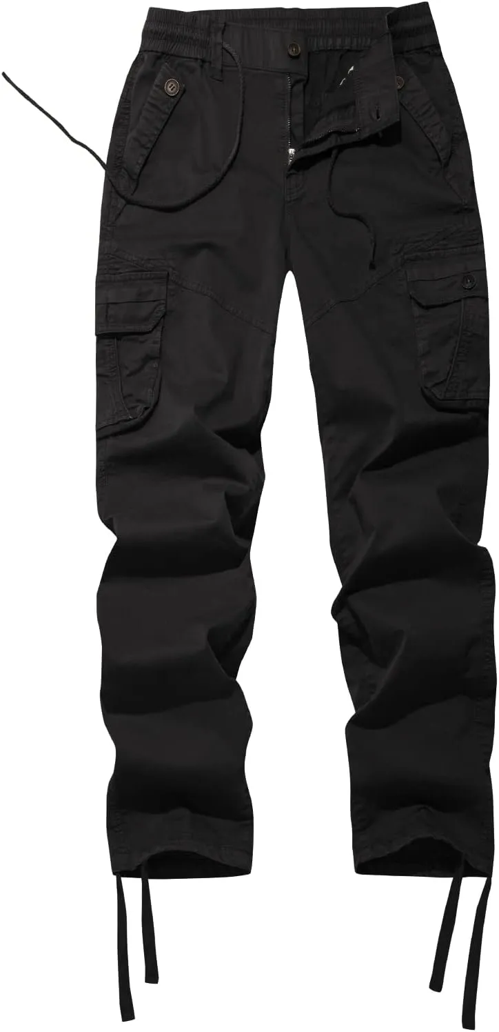 FOURSTEEDS Women's Mid Rise Drawstring Elastic Waist Multi-Pocket Outdoor Sport Cotton Camping Hiking Cargo Pants