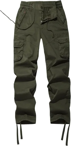 FOURSTEEDS Women's Mid Rise Drawstring Elastic Waist Multi-Pocket Outdoor Sport Cotton Camping Hiking Cargo Pants