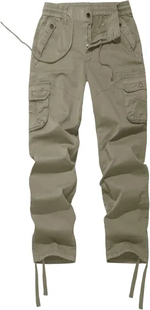 FOURSTEEDS Women's Mid Rise Drawstring Elastic Waist Multi-Pocket Outdoor Sport Cotton Camping Hiking Cargo Pants