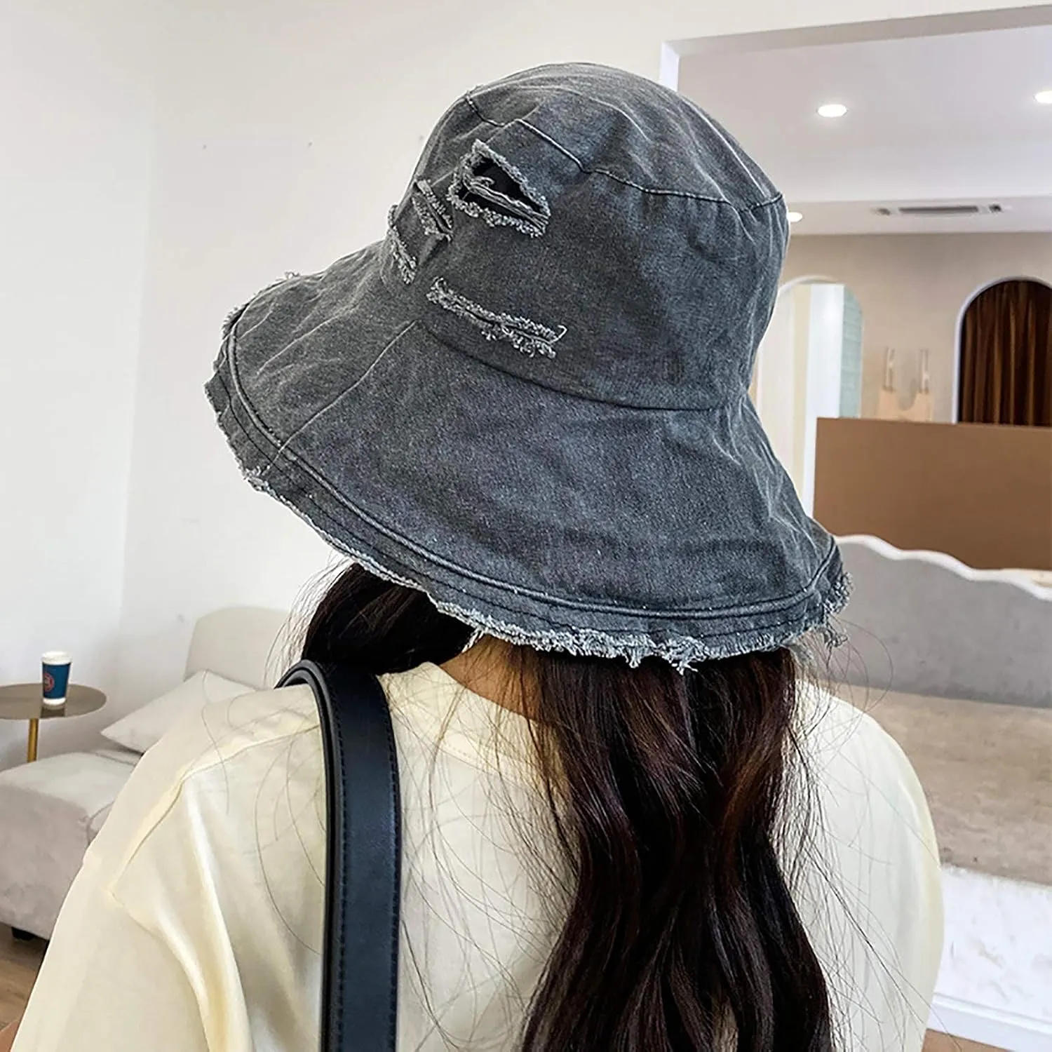 Frayed Ripped Sun Hats for Women Summer Trendy Floppy Wide Brim Cotton Bucket Hat Beach Vacation Travel Accessories