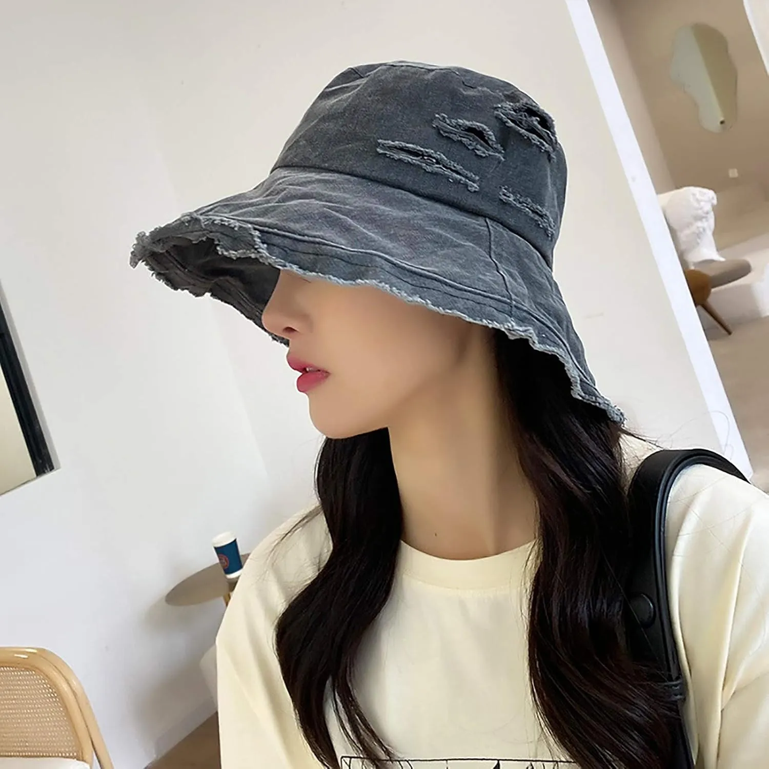 Frayed Ripped Sun Hats for Women Summer Trendy Floppy Wide Brim Cotton Bucket Hat Beach Vacation Travel Accessories