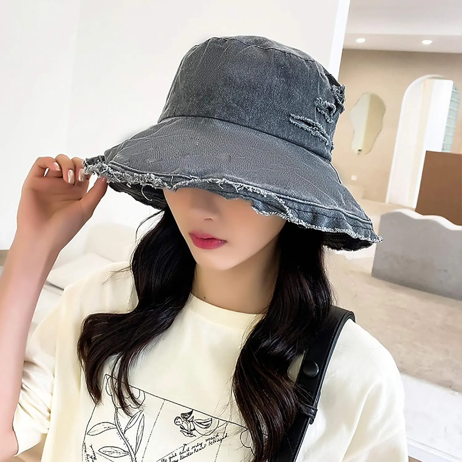 Frayed Ripped Sun Hats for Women Summer Trendy Floppy Wide Brim Cotton Bucket Hat Beach Vacation Travel Accessories