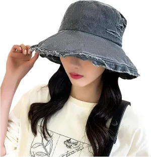 Frayed Ripped Sun Hats for Women Summer Trendy Floppy Wide Brim Cotton Bucket Hat Beach Vacation Travel Accessories