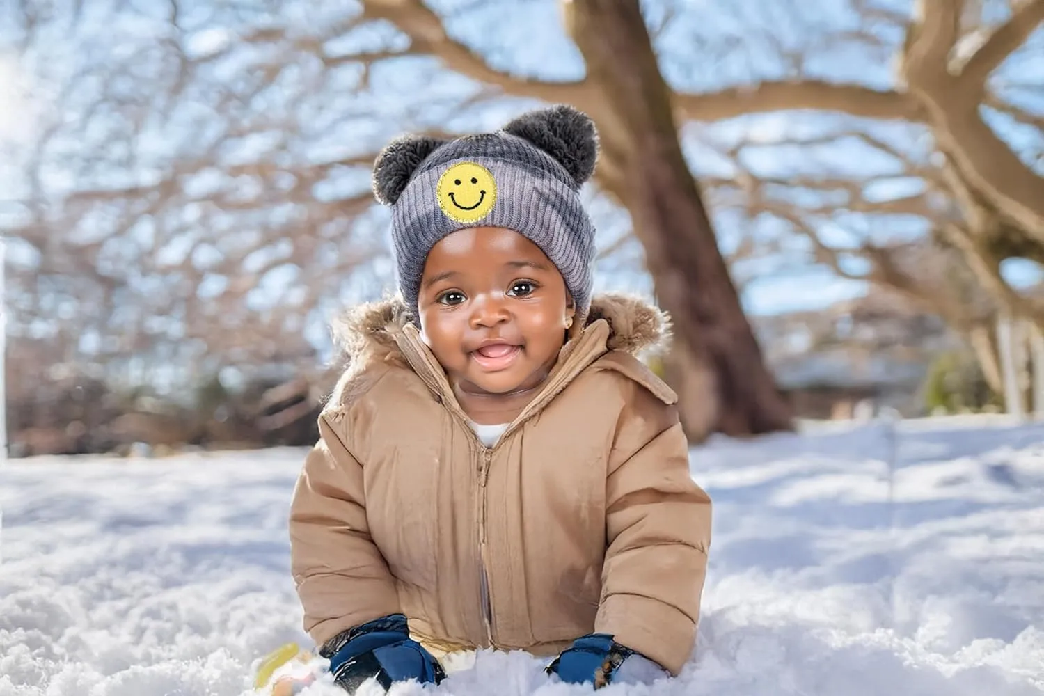 Funky Junque Newborn Winter Hat Toddler Beanie Warm Double Pom Pom Smiley Face Infant Cap Baby Girls and Boys 100% Acrylic