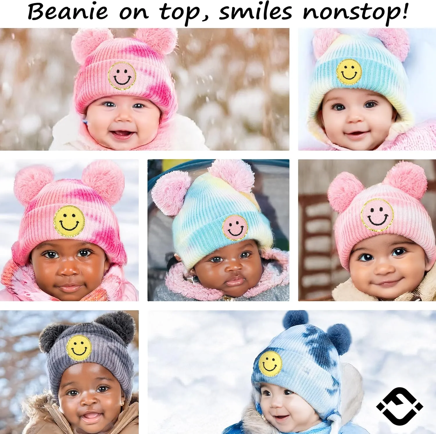 Funky Junque Newborn Winter Hat Toddler Beanie Warm Double Pom Pom Smiley Face Infant Cap Baby Girls and Boys 100% Acrylic