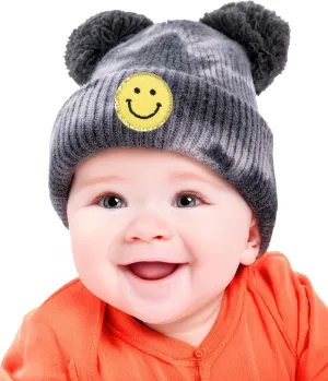 Funky Junque Newborn Winter Hat Toddler Beanie Warm Double Pom Pom Smiley Face Infant Cap Baby Girls and Boys 100% Acrylic