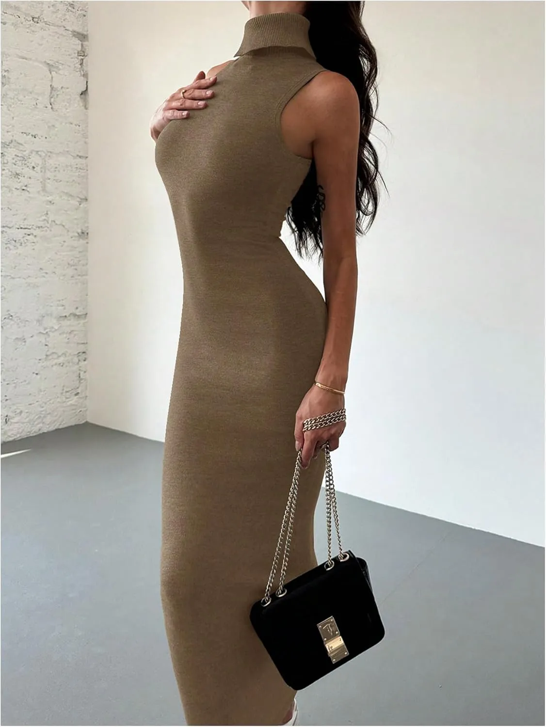 GORGLITTER Women's High Neck Sweater Dress Sleeveless Elegant Bodycon Maxi Dresses