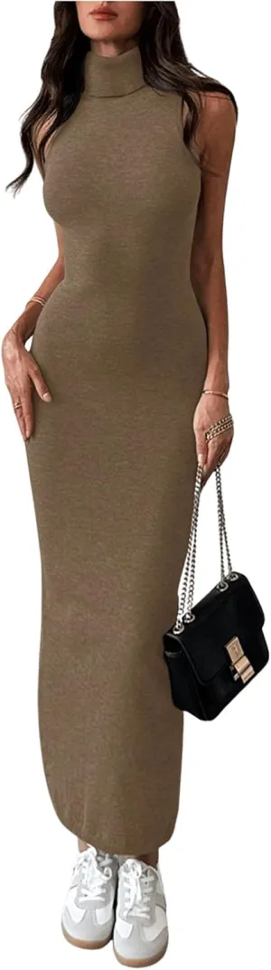 GORGLITTER Women's High Neck Sweater Dress Sleeveless Elegant Bodycon Maxi Dresses