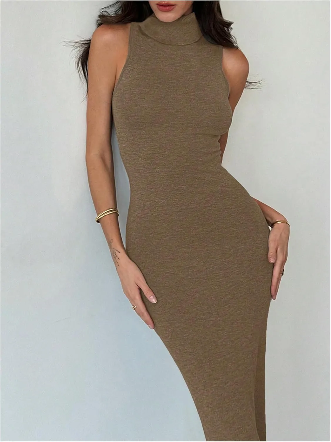 GORGLITTER Women's High Neck Sweater Dress Sleeveless Elegant Bodycon Maxi Dresses