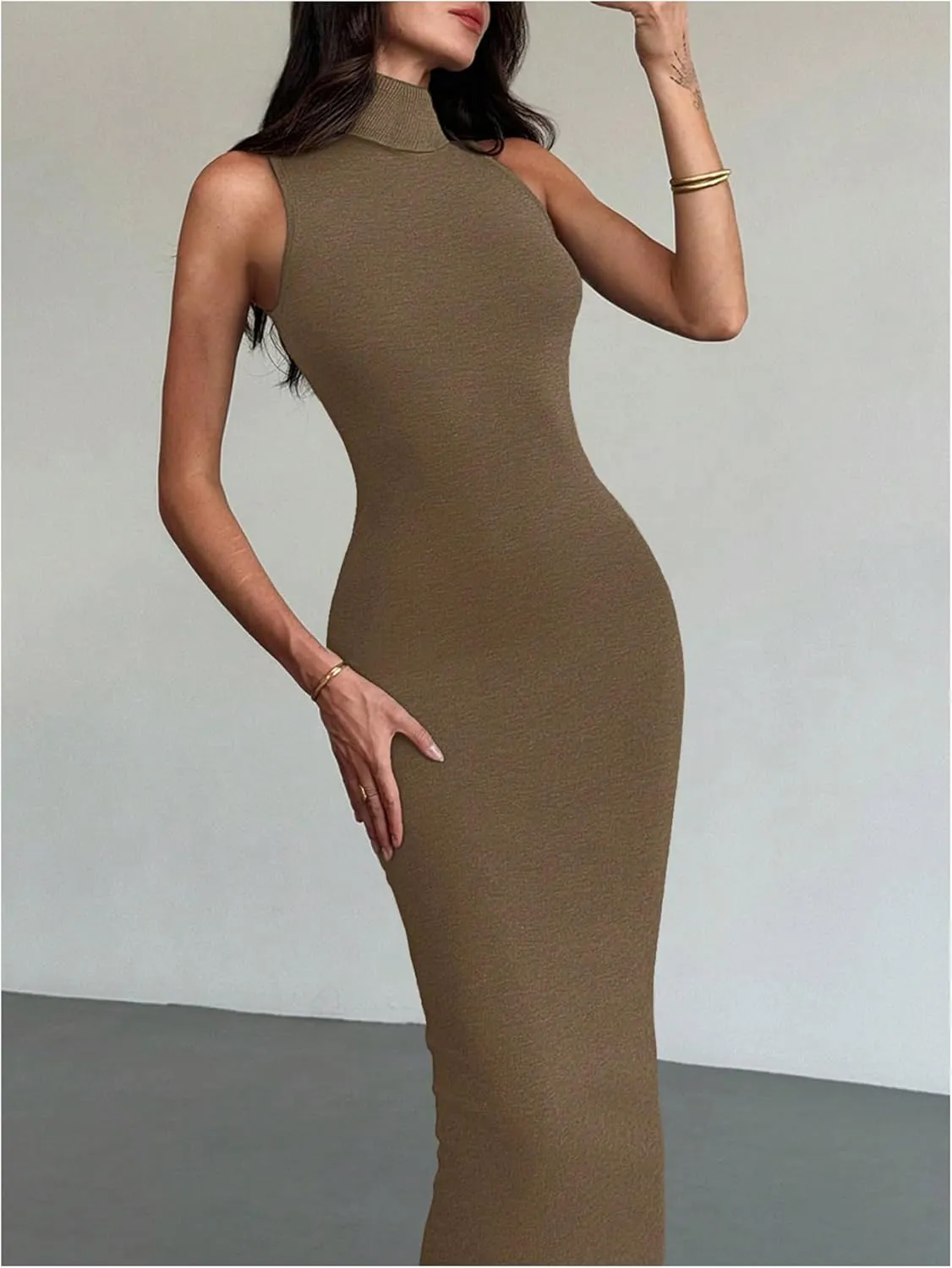GORGLITTER Women's High Neck Sweater Dress Sleeveless Elegant Bodycon Maxi Dresses