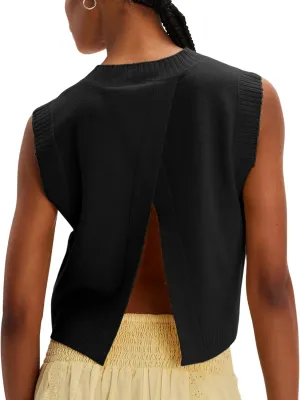 Gozoloma Women's Backless Cropped Sweater Vest Sleeveless Tank Tops with Overlapping Panels
