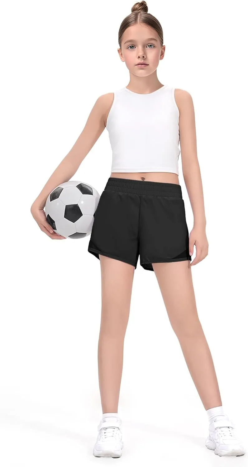 HASMES Girls Athletic Shorts with Zip Pockets Lightweight Running Soccer Shorts for Kids 5-14Y