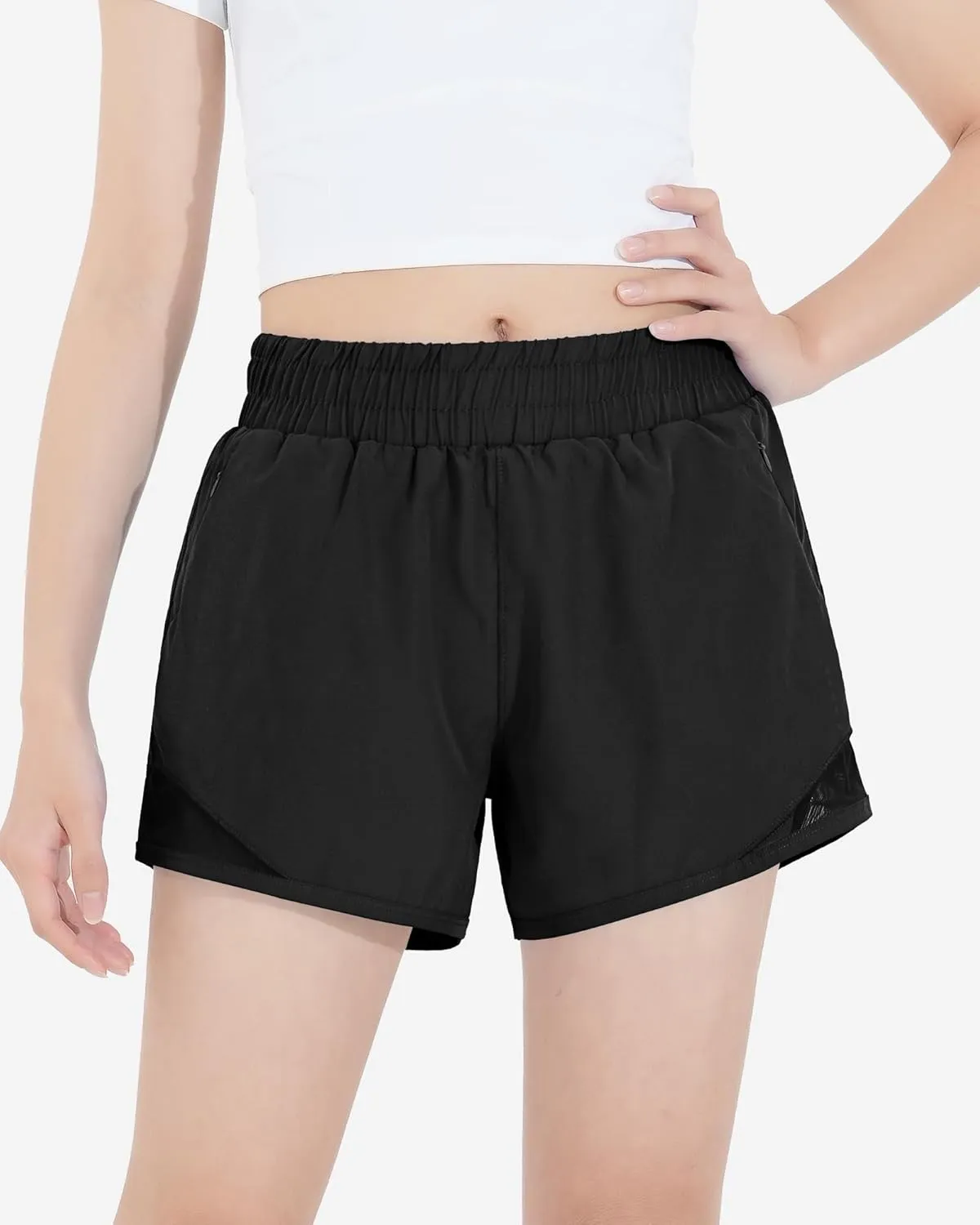 HASMES Girls Athletic Shorts with Zip Pockets Lightweight Running Soccer Shorts for Kids 5-14Y