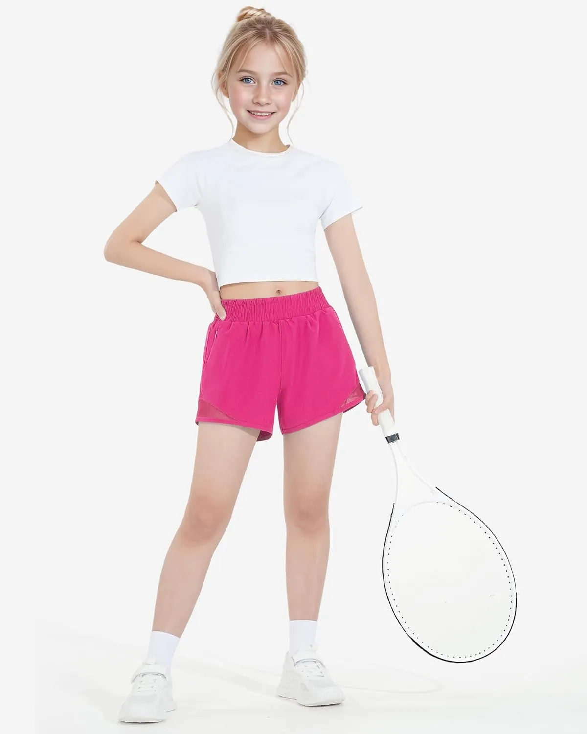 HASMES Girls Athletic Shorts with Zip Pockets Lightweight Running Soccer Shorts for Kids 5-14Y
