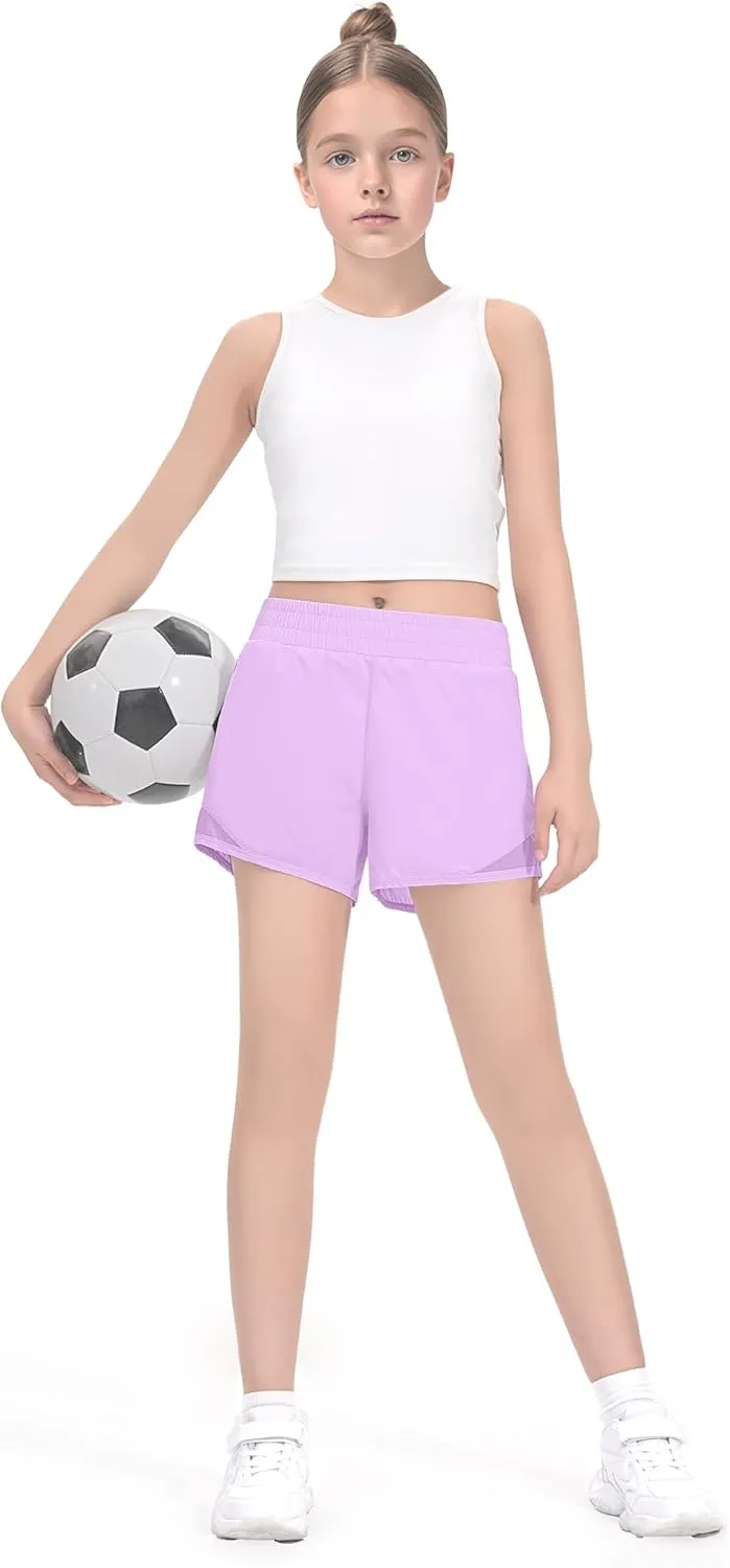 HASMES Girls Athletic Shorts with Zip Pockets Lightweight Running Soccer Shorts for Kids 5-14Y