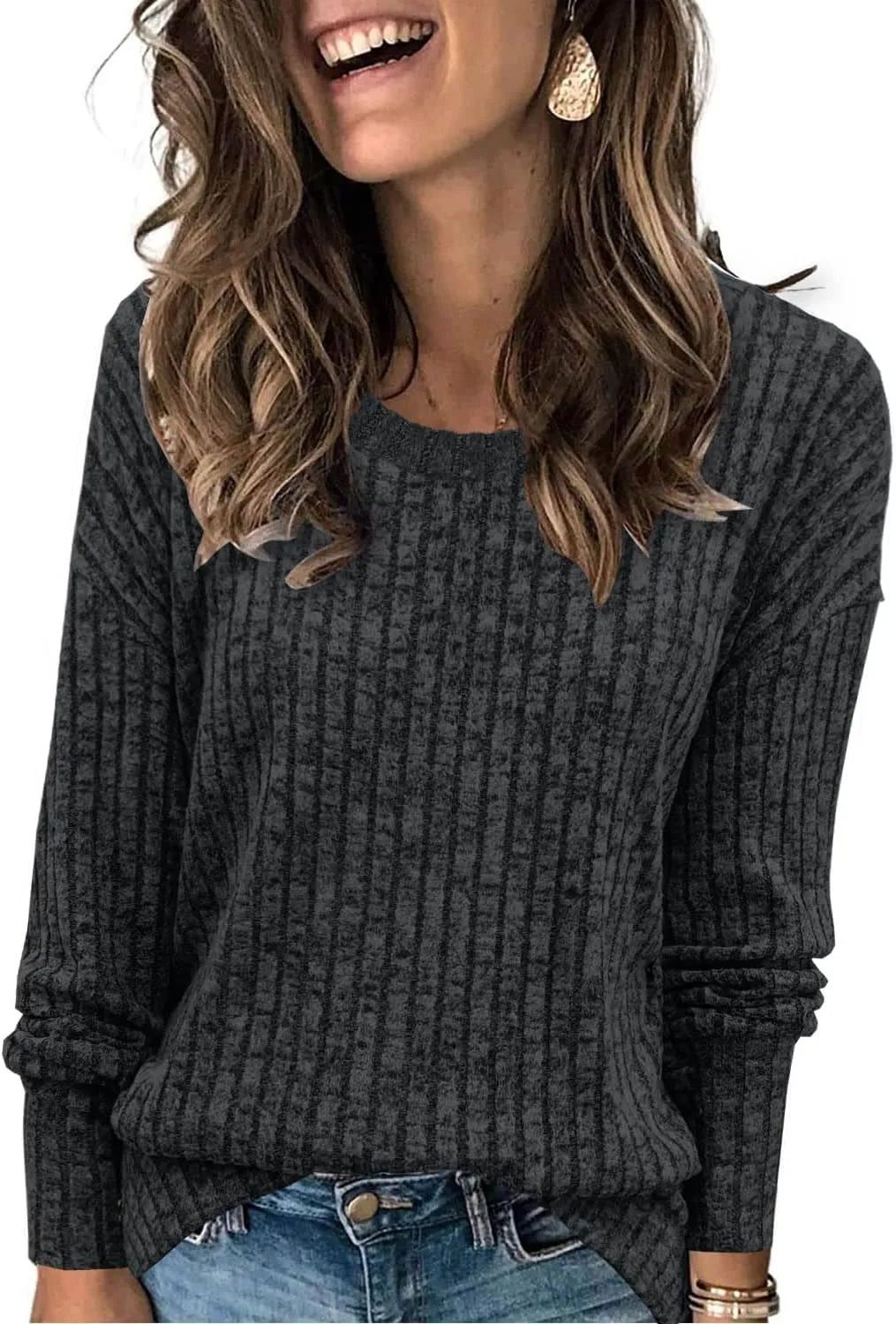 Heymiss Womens Sweaters Dressy Casual Crewneck Long Sleeve Shirts Loose Fall Fashion Sweatshirts