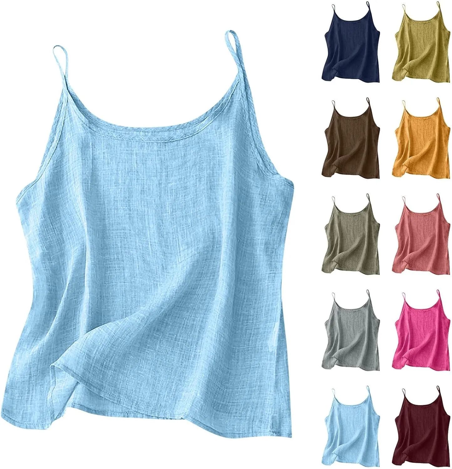 HGps8w Women's Cotton Linen Tank Tops Summer Casual Sleeveless Crew Neck Camisoles Loose Fit Spaghetti Strap Cami Shirts