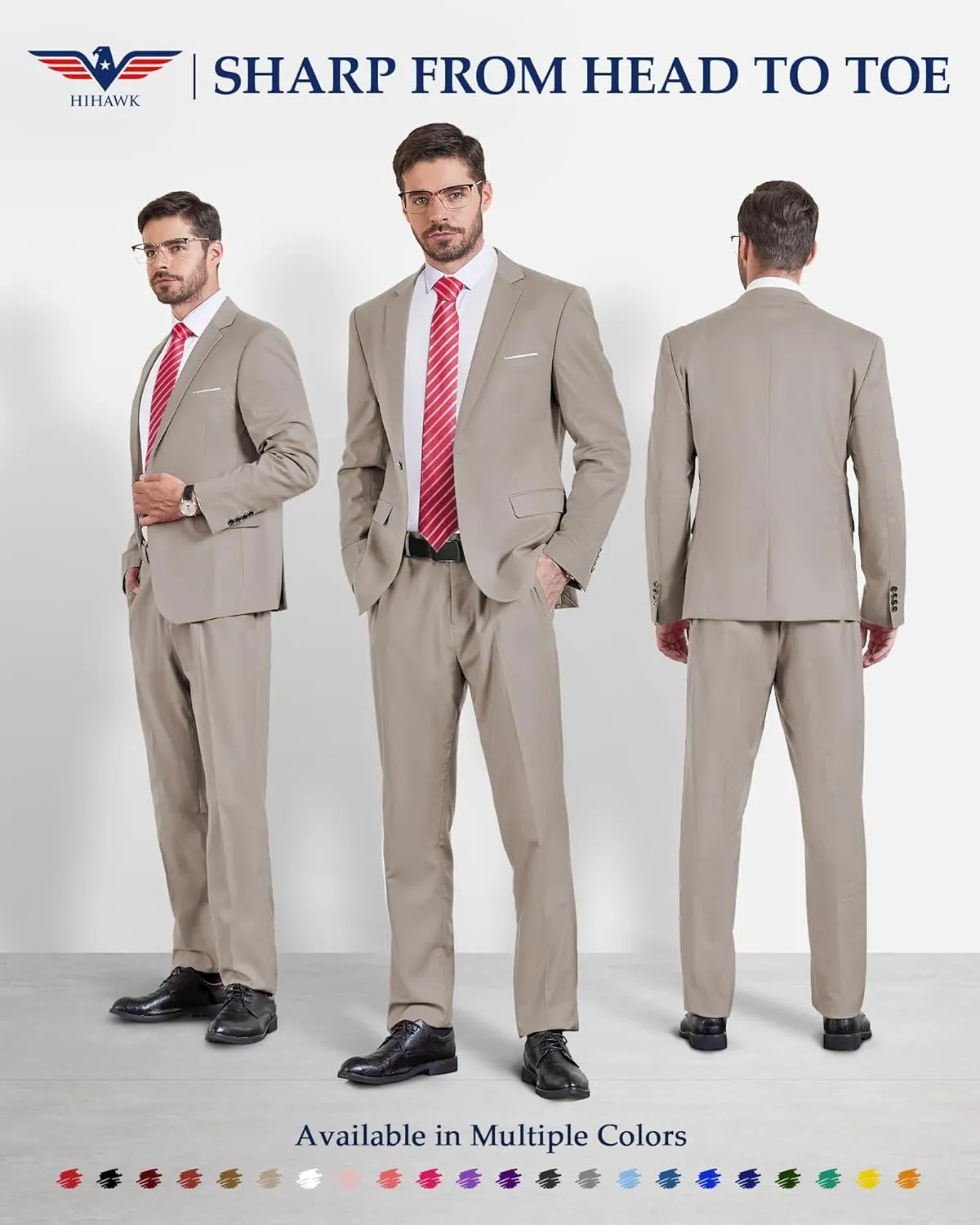 Hihawk Men's 2 Piece Slim Fit Suit with Stretch Fabric, Solid One Button Blazer Jacket Vest Pants Set with Tie.