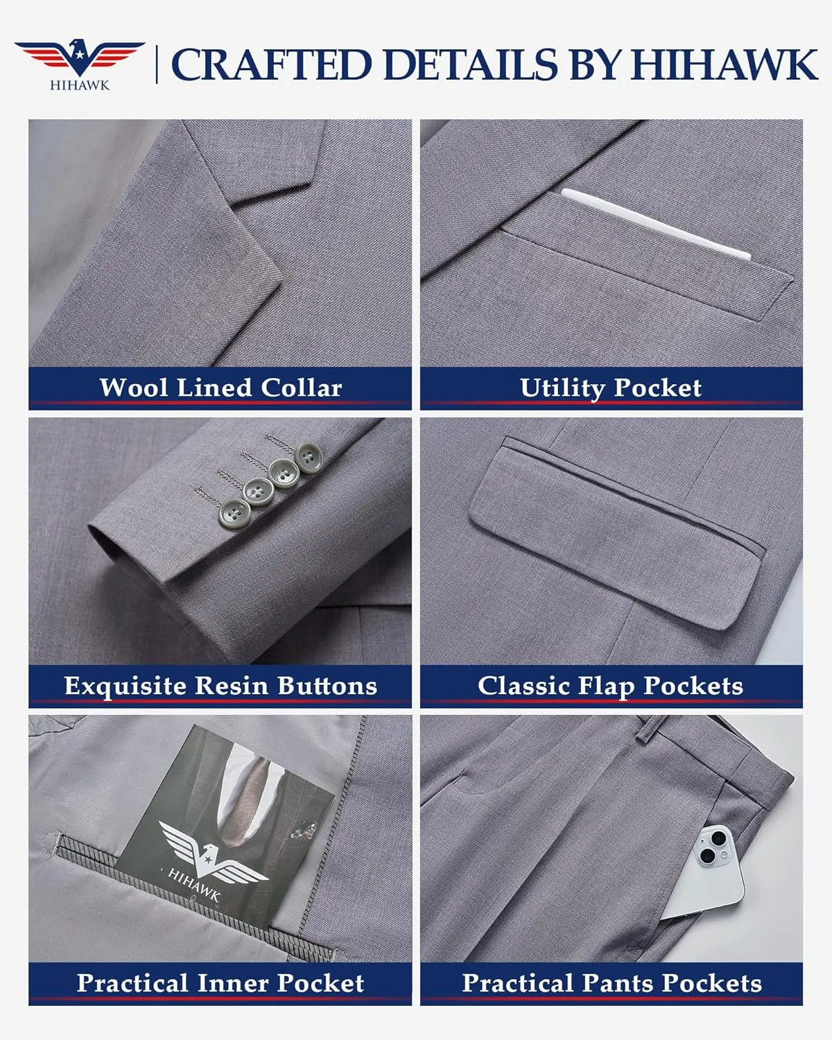 Hihawk Men's 2 Piece Slim Fit Suit with Stretch Fabric, Solid One Button Blazer Jacket Vest Pants Set with Tie.