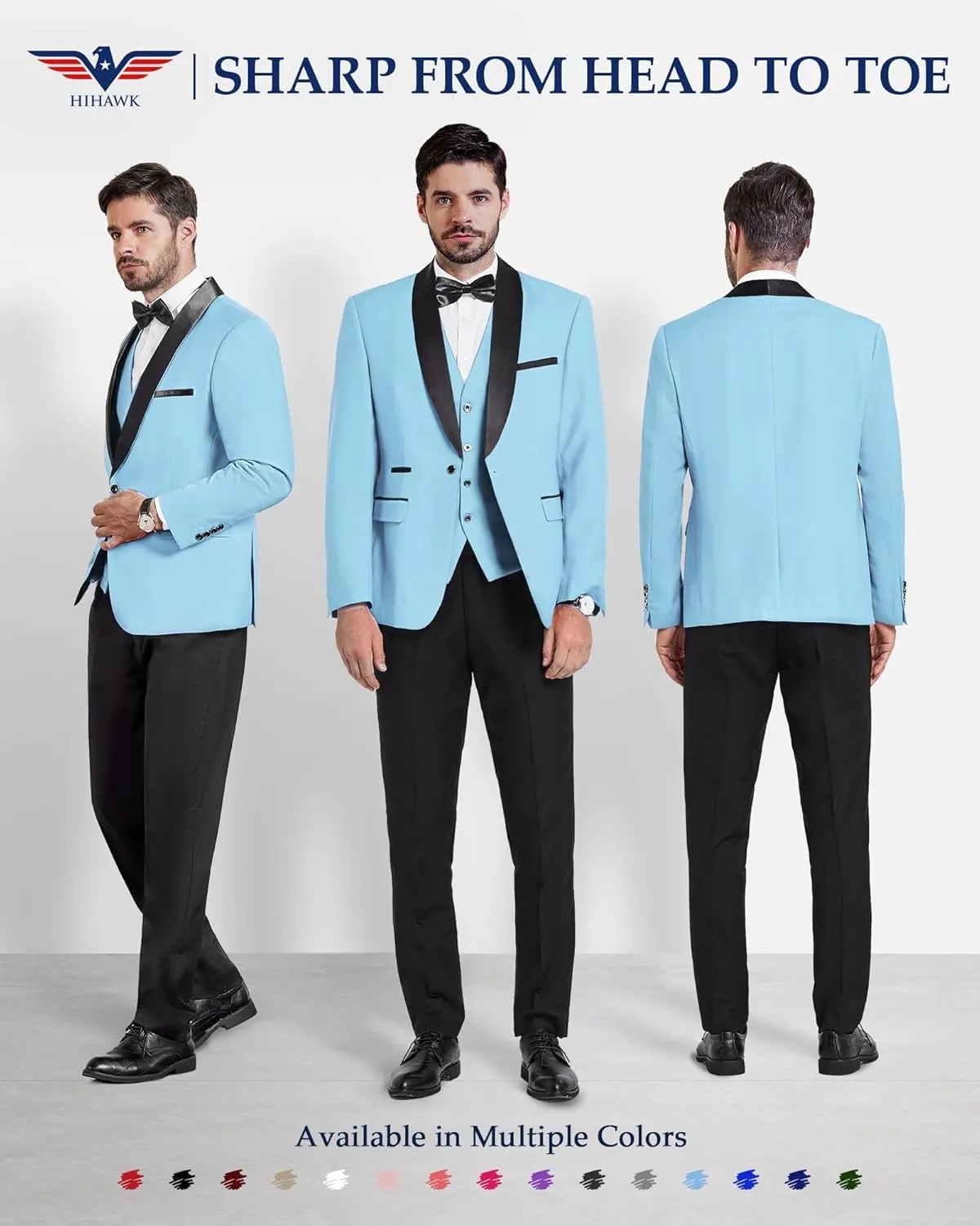 Hihawk Men's 3 Piece Slim Fit Solid Tuxedo with Stretch Fabric, One Button Shawl Collar Jacket Vest Pants with Bow Tie