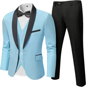 Hihawk Men's 3 Piece Slim Fit Solid Tuxedo with Stretch Fabric, One Button Shawl Collar Jacket Vest Pants with Bow Tie