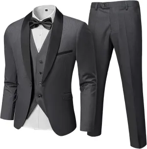 Hihawk Men's 3 Piece Slim Fit Solid Tuxedo with Stretch Fabric, One Button Shawl Collar Jacket Vest Pants with Bow Tie