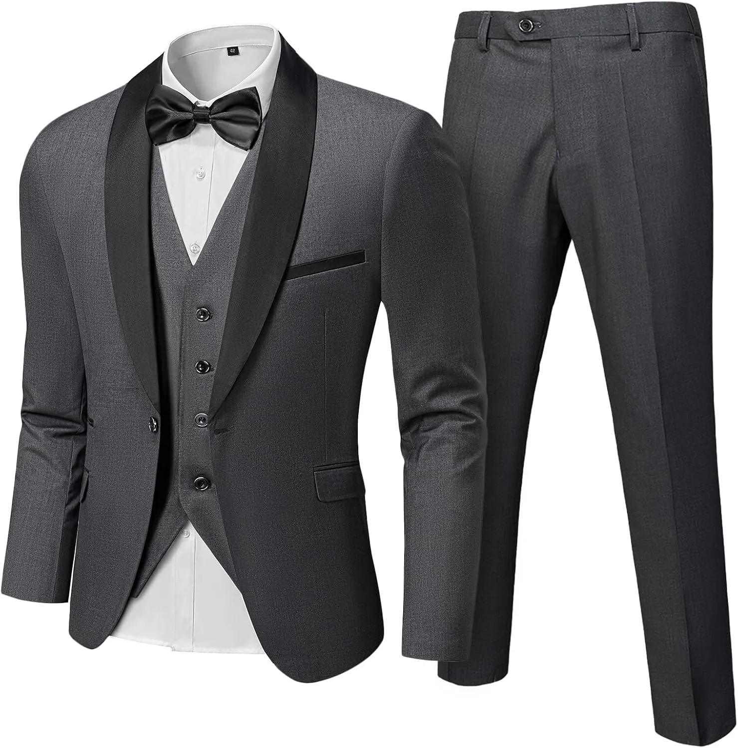 Hihawk Men's 3 Piece Slim Fit Solid Tuxedo with Stretch Fabric, One Button Shawl Collar Jacket Vest Pants with Bow Tie