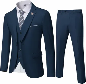 Hihawk Men's 3 Piece Suit with Stretch Fabric, Solid Slim Fit One Button Suit Blazer Set, Jacket Vest Pants with Tie.