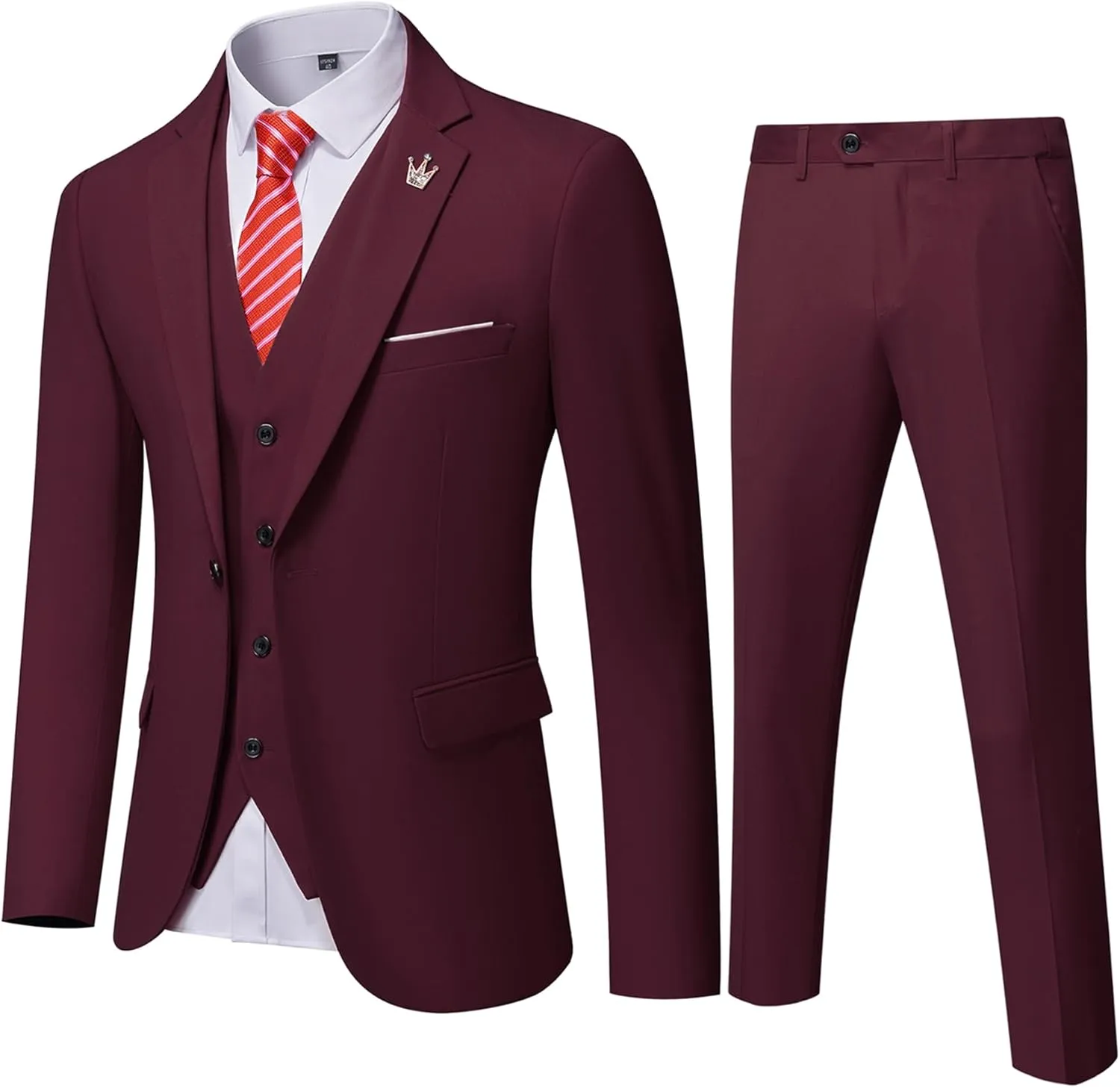 Hihawk Men's 3 Piece Suit with Stretch Fabric, Solid Slim Fit One Button Suit Blazer Set, Jacket Vest Pants with Tie.