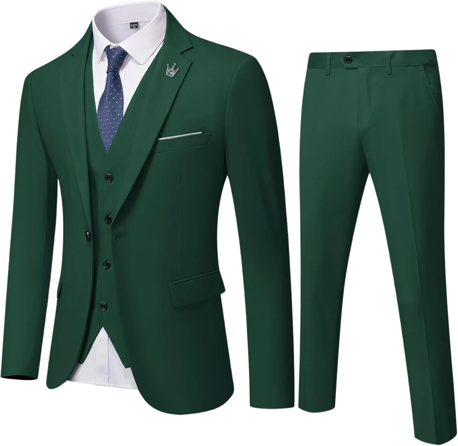 Hihawk Men's 3 Piece Suit with Stretch Fabric, Solid Slim Fit One Button Suit Blazer Set, Jacket Vest Pants with Tie.