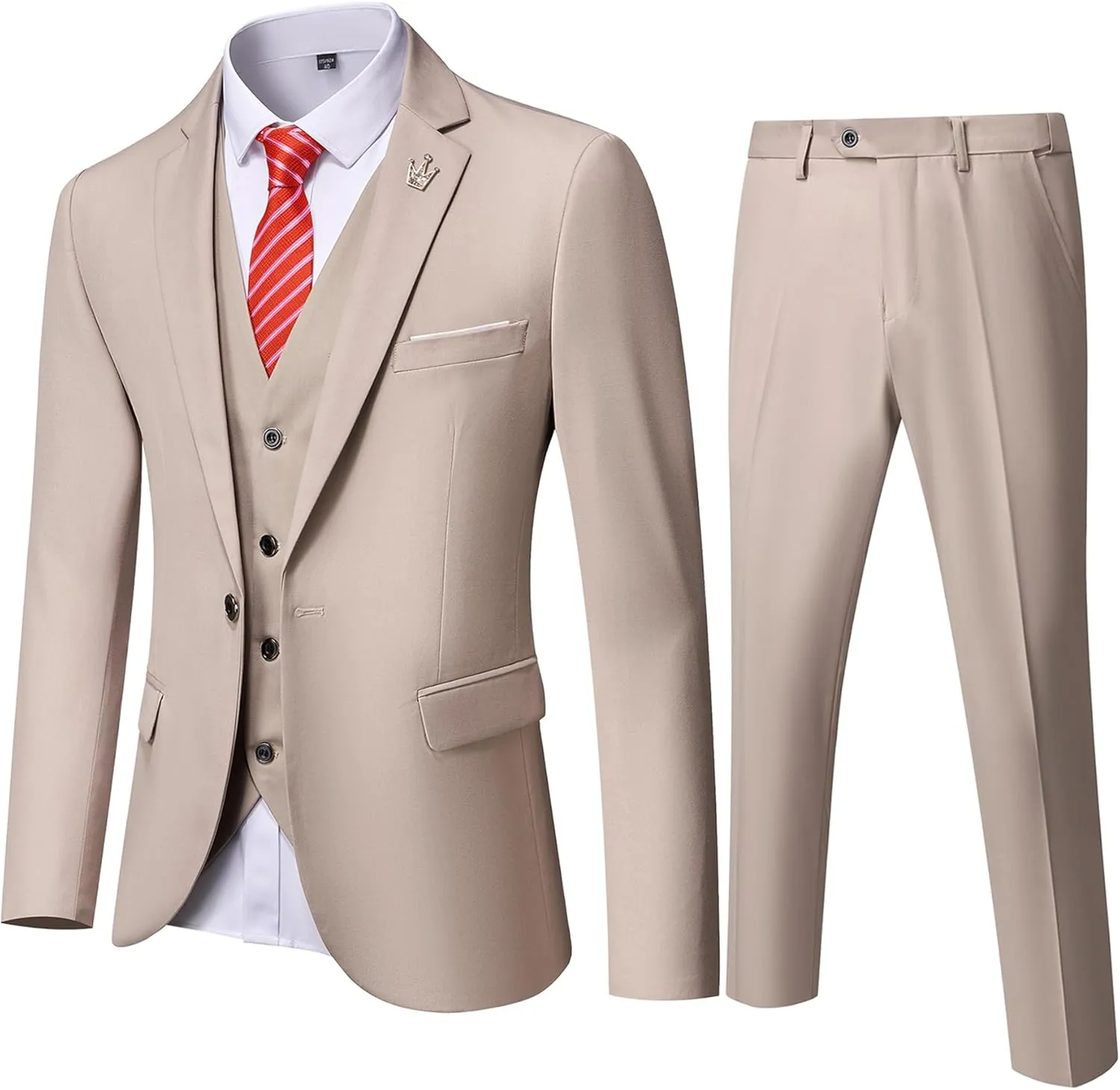 Hihawk Men's 3 Piece Suit with Stretch Fabric, Solid Slim Fit One Button Suit Blazer Set, Jacket Vest Pants with Tie.