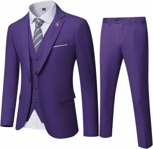 Hihawk Men's 3 Piece Suit with Stretch Fabric, Solid Slim Fit One Button Suit Blazer Set, Jacket Vest Pants with Tie.