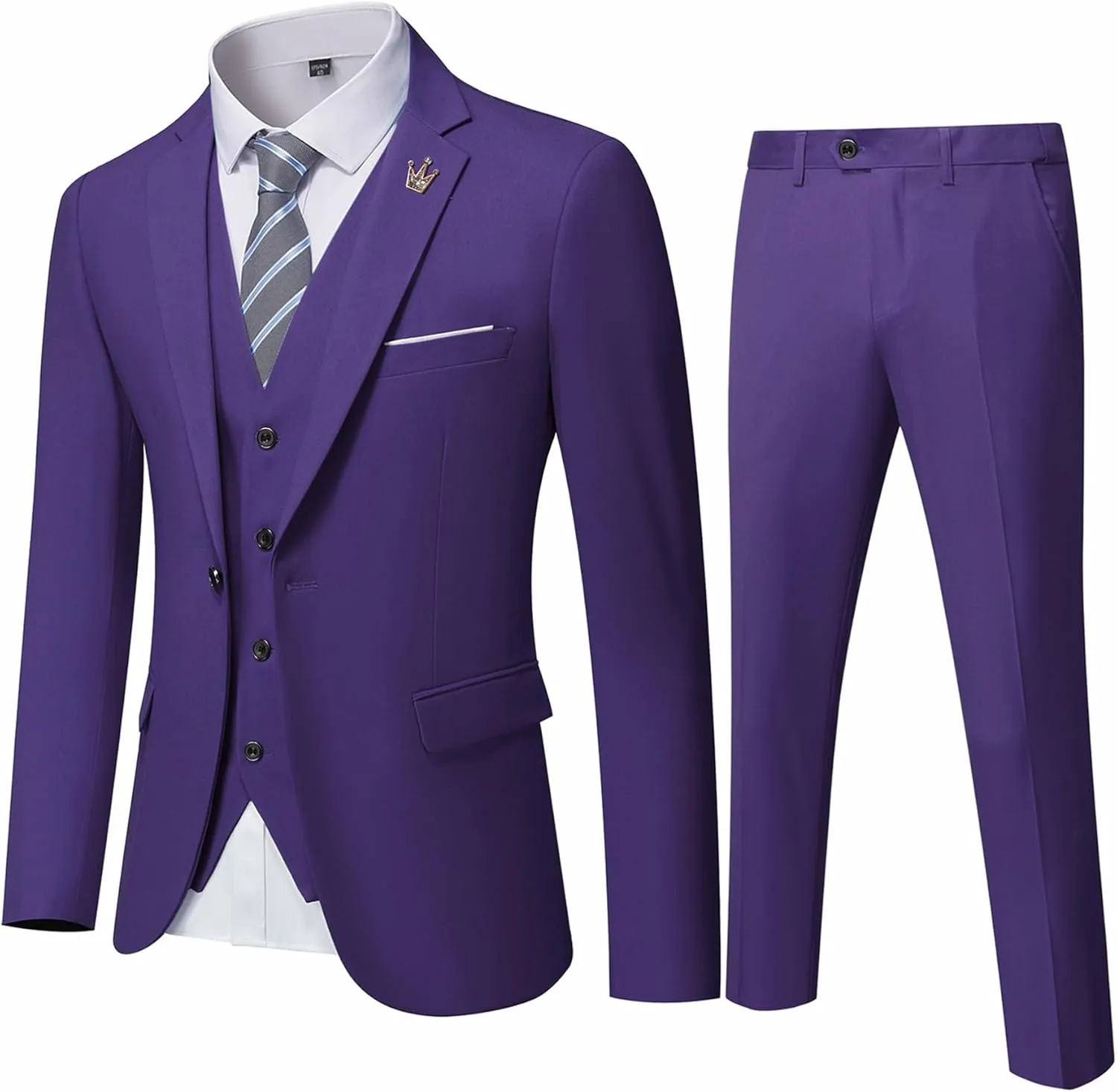 Hihawk Men's 3 Piece Suit with Stretch Fabric, Solid Slim Fit One Button Suit Blazer Set, Jacket Vest Pants with Tie.