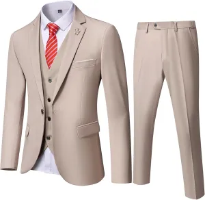 Hihawk Men's 3 Piece Suit with Stretch Fabric, Solid Slim Fit One Button Suit Blazer Set, Jacket Vest Pants with Tie.