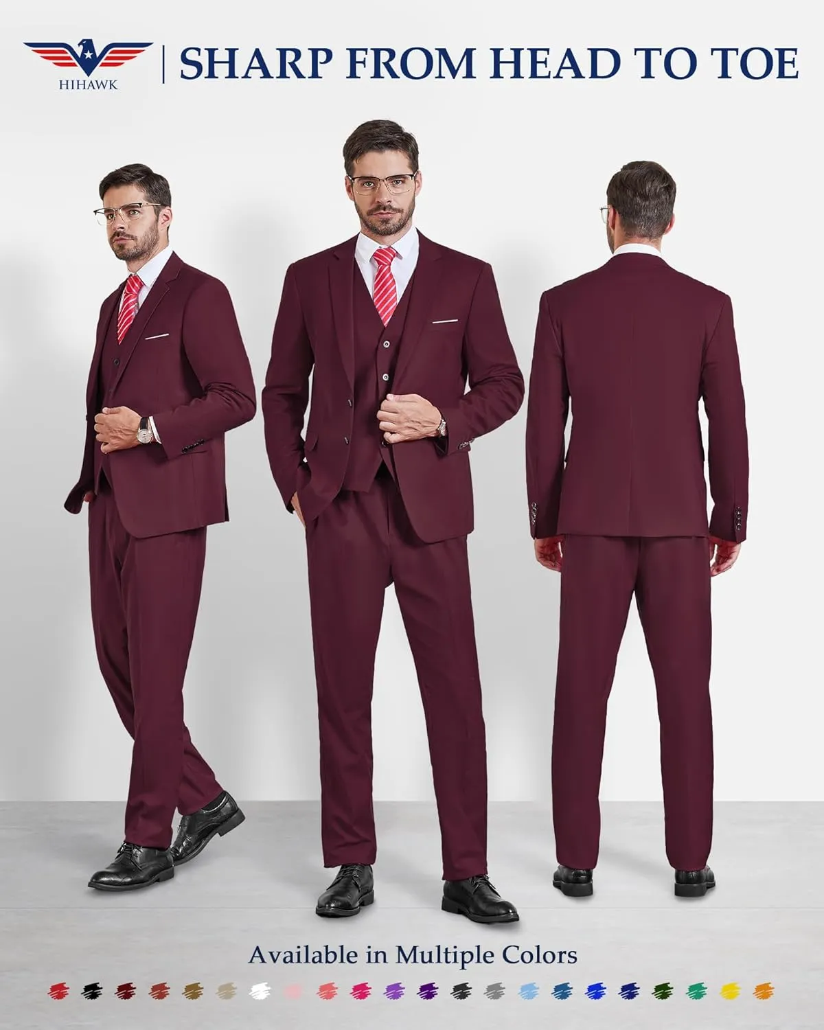 Hihawk Men's 3 Piece Suit with Stretch Fabric, Solid Slim Fit Two Button Suit Blazer Set, Jacket Vest Pants with Tie.