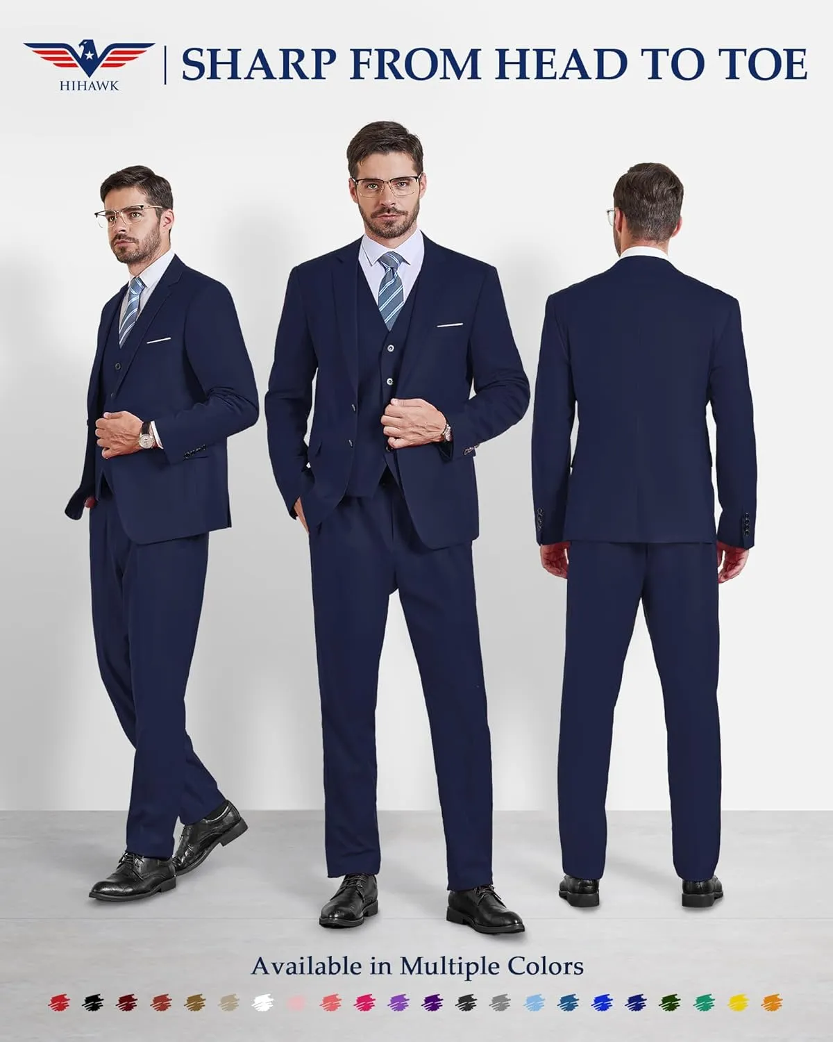 Hihawk Men's 3 Piece Suit with Stretch Fabric, Solid Slim Fit Two Button Suit Blazer Set, Jacket Vest Pants with Tie.