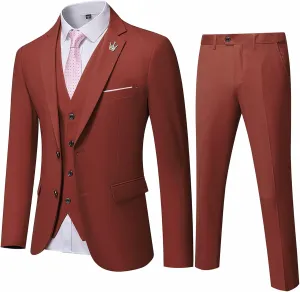 Hihawk Men's 3 Piece Suit with Stretch Fabric, Solid Slim Fit Two Button Suit Blazer Set, Jacket Vest Pants with Tie.