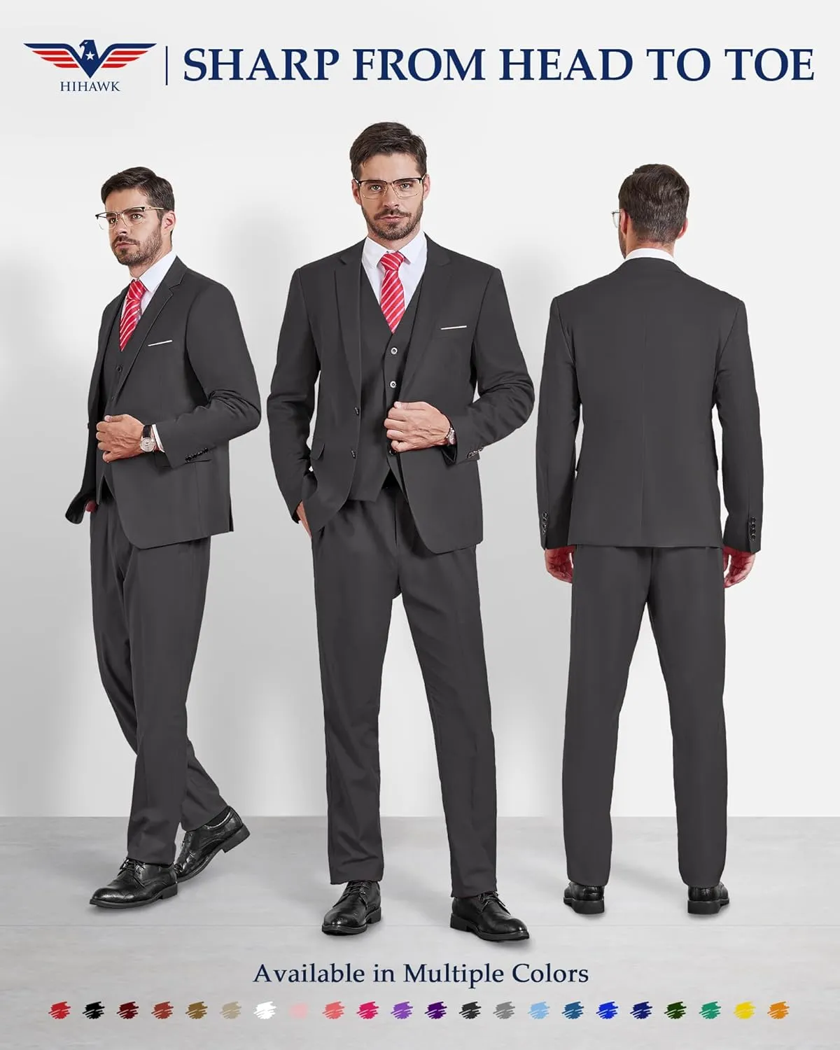 Hihawk Men's 3 Piece Suit with Stretch Fabric, Solid Slim Fit Two Button Suit Blazer Set, Jacket Vest Pants with Tie.