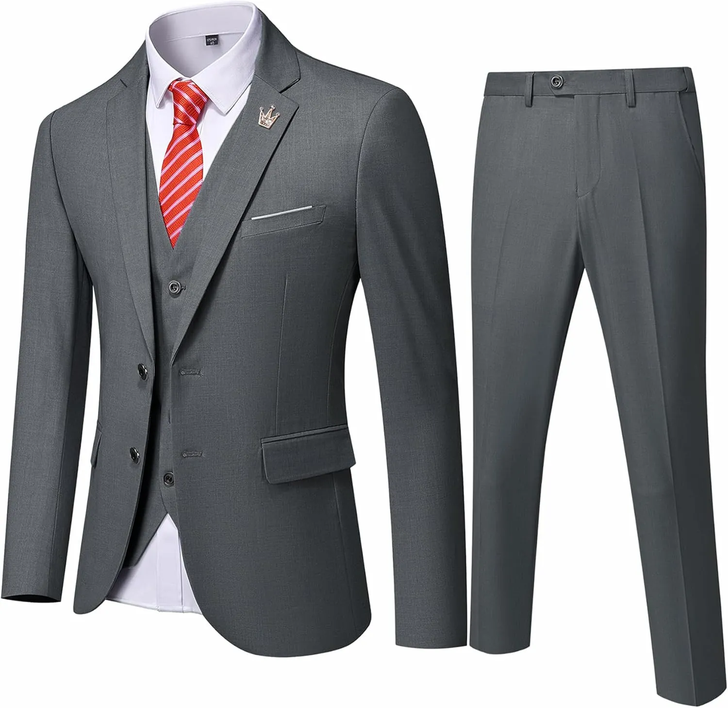 Hihawk Men's 3 Piece Suit with Stretch Fabric, Solid Slim Fit Two Button Suit Blazer Set, Jacket Vest Pants with Tie.