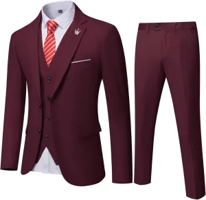Hihawk Men's 3 Piece Suit with Stretch Fabric, Solid Slim Fit Two Button Suit Blazer Set, Jacket Vest Pants with Tie.