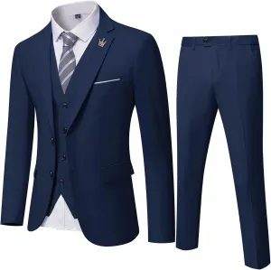 Hihawk Men's 3 Piece Suit with Stretch Fabric, Solid Slim Fit Two Button Suit Blazer Set, Jacket Vest Pants with Tie.